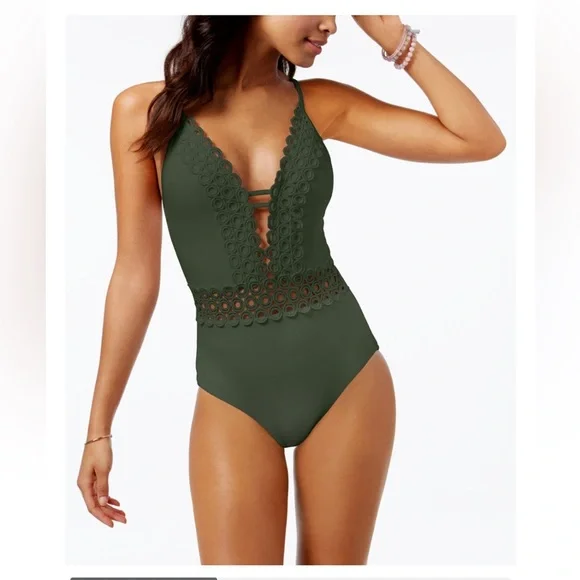 BECCA Siren Olive Green One Piece Swimsuit. Cute Circular Cutouts, Tie Back. - Picture 4 of 16